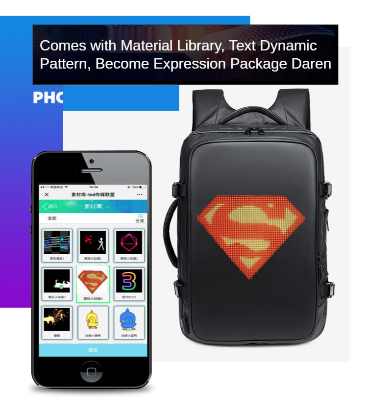 ISO9001 28 Litre Smart LED Backpack Waterproof Travel Bag