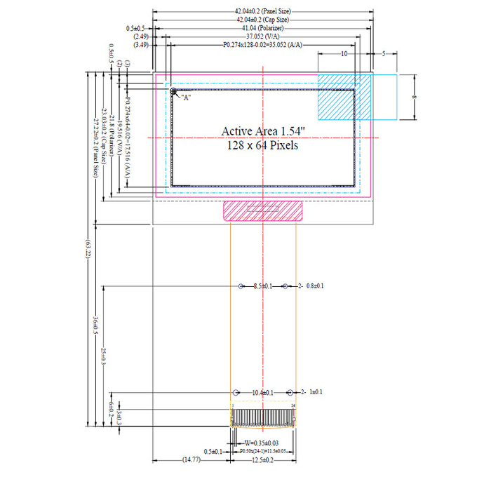 1.54 inch OLED UG-2864KSWMG01 Controller SSD1309 Passive Matrix Monochrome 128 x 64 ZIF FPC Parallel, 4-wire SPI, I2C