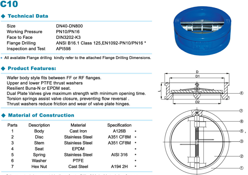 GG25 Swing Type Check Valve , Wafer Check Valve Cast Iron DN40-DN800 PN10 / PN16
