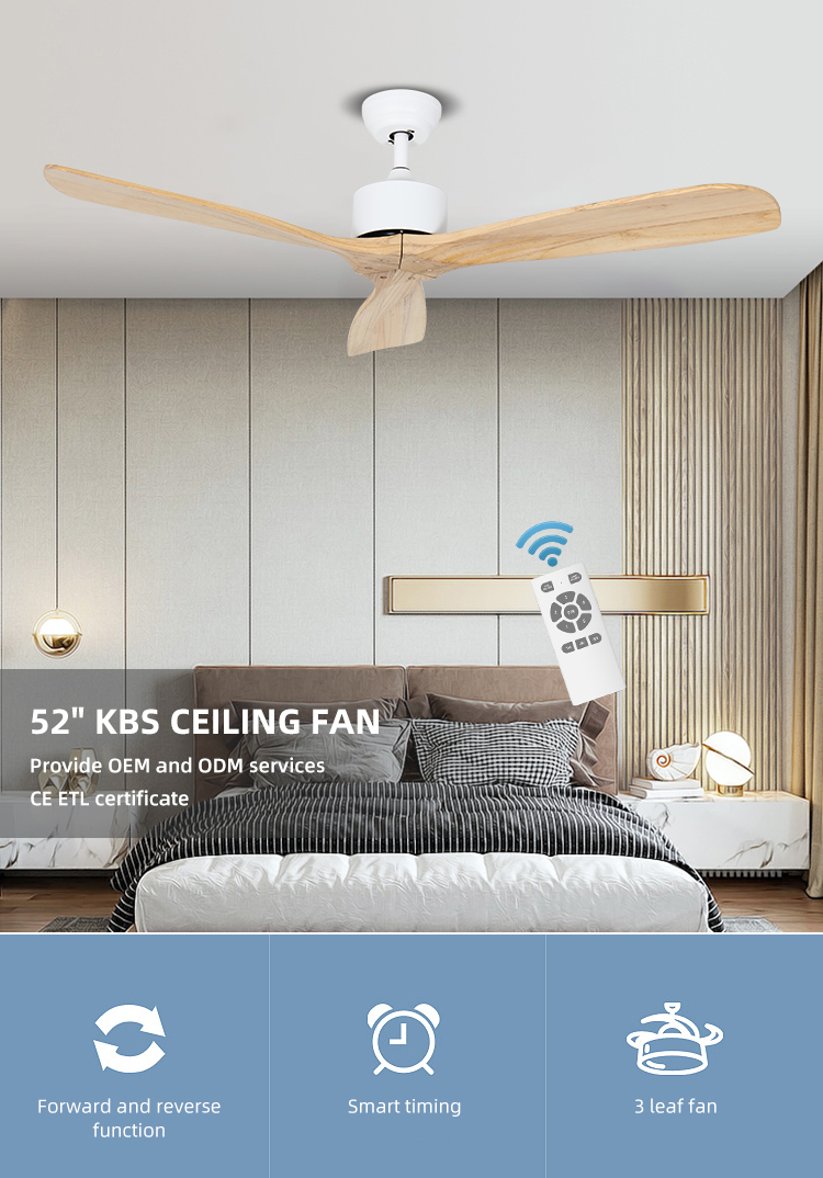 3 Blades 65w Iron Solid Wood Ceiling Fan Light 52Inch Led Indoor Ceiling Fan