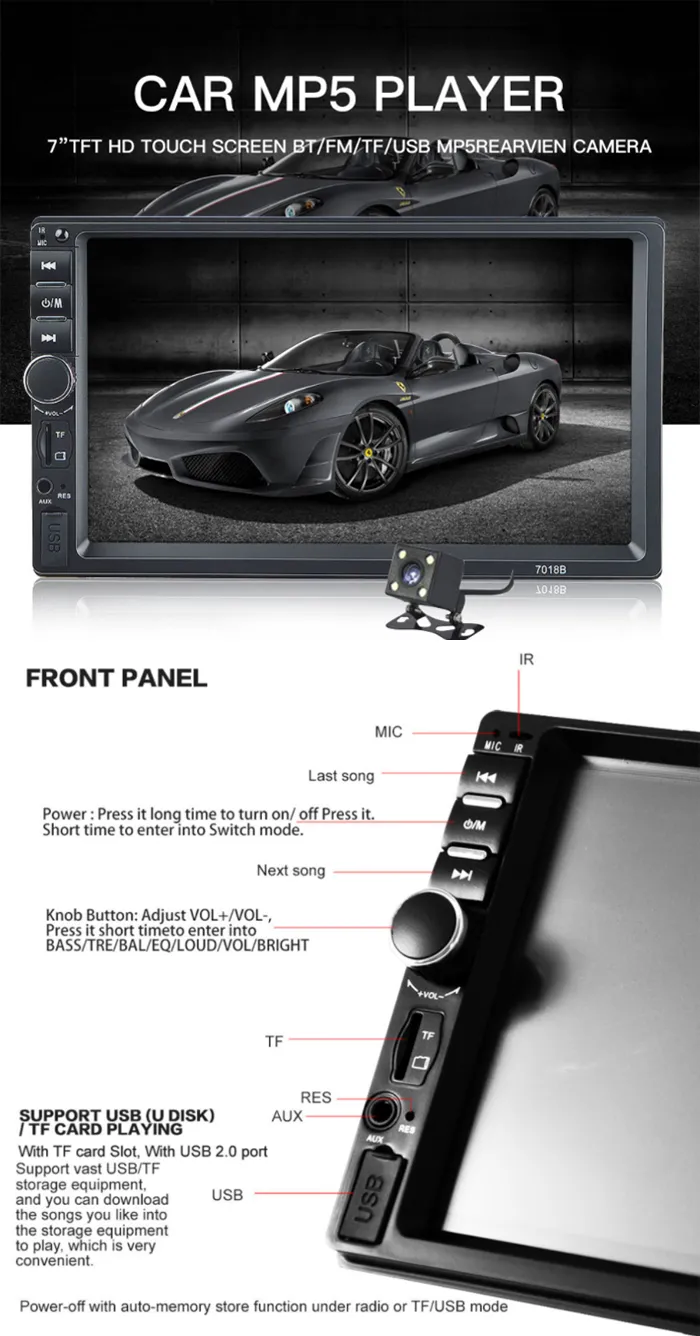 2 Din 7 Inch Touch Screen Multimedia Mirror Link/FM/TF MP5 With Auto Radio Electronics Car DVD player Rear Camera Car St
