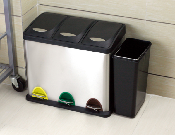 24L Three Compartment Foot Pedal Waste Bin Ashcan Stainless Steel Trash Can