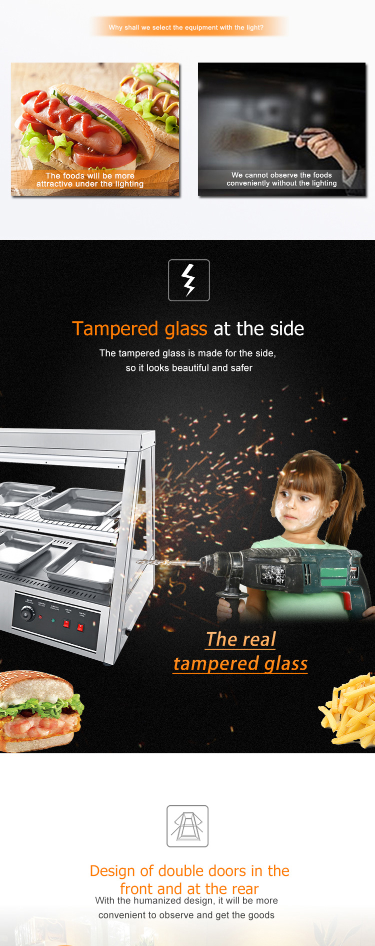 Temperature Controlled Electric Heated Thermal Food Warmer Display with Glass Table Top