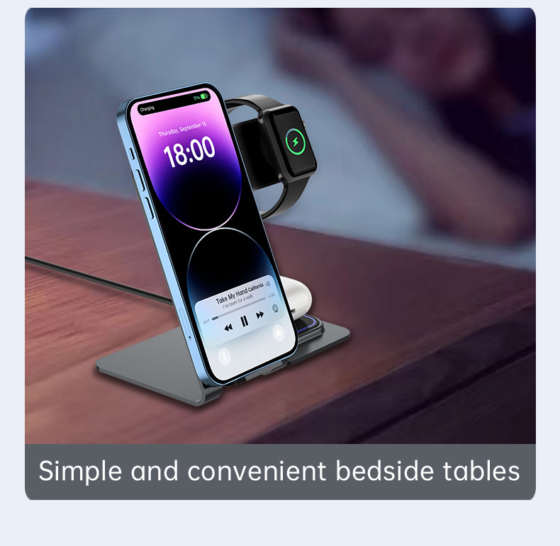 Aluminum Alloy 3 In 1 Wireless Charging Stand 15W Power Over Temperature Protection