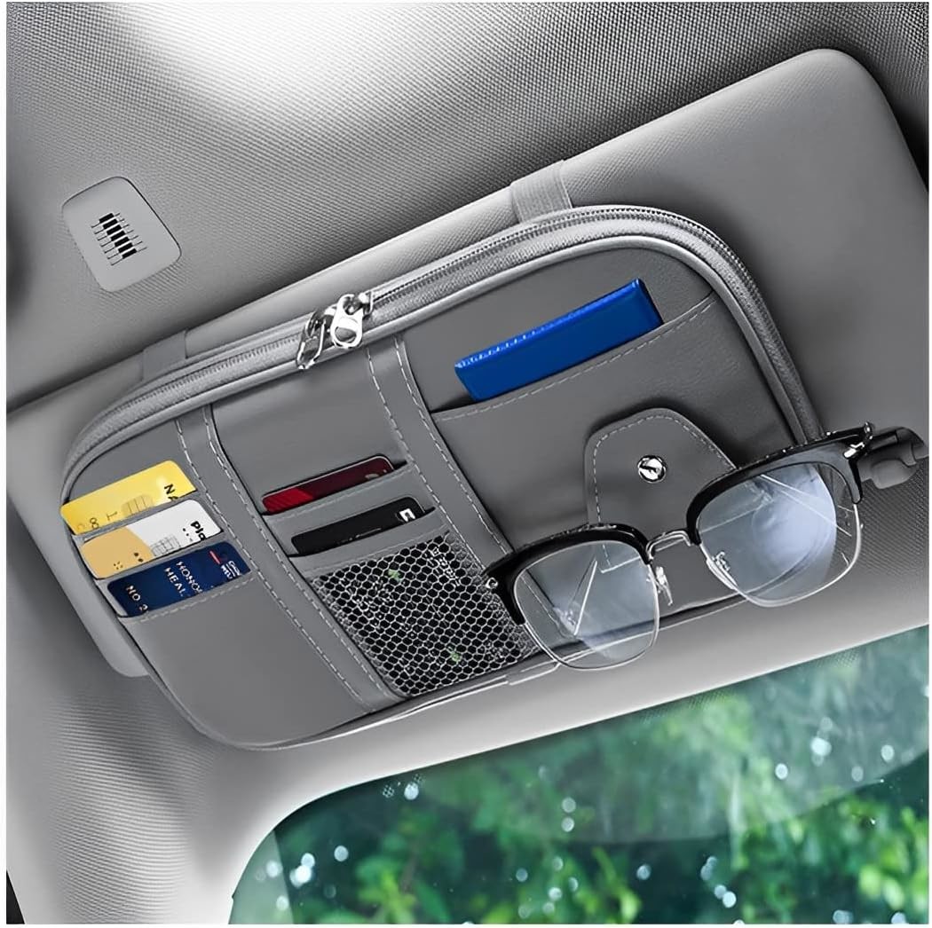 Car Sun Visor Organizer, Sunglass Holder and Storage Pocket, Card Cash Pouch with Multi-Pocket Net Zipper, Case Bag