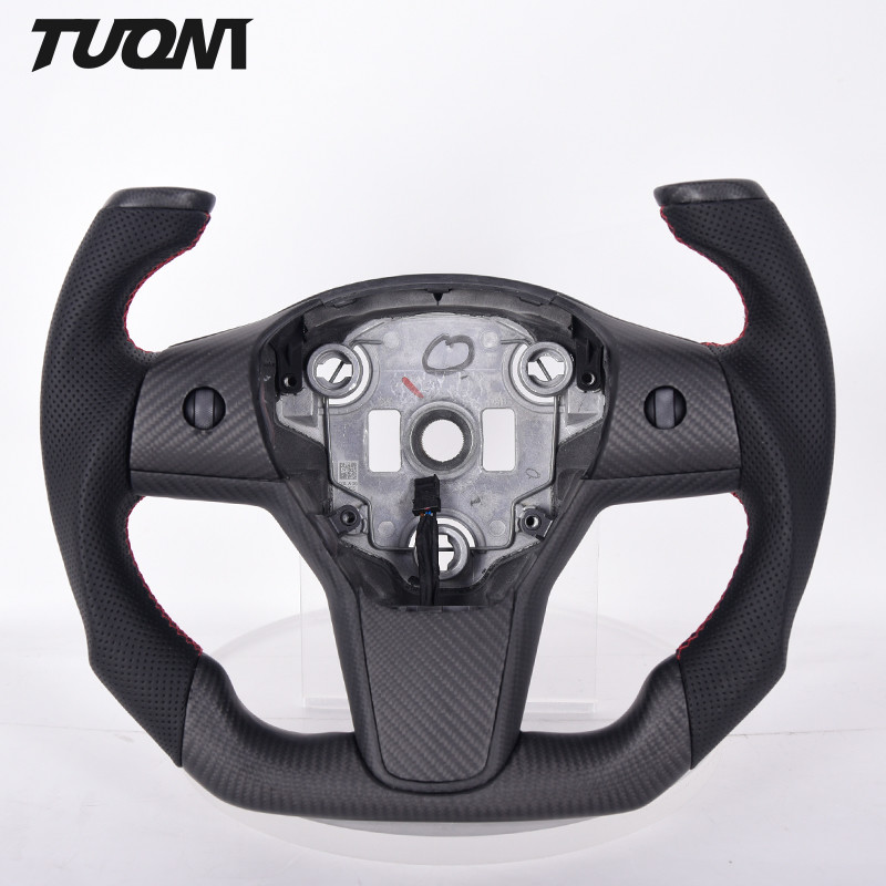 Model S Black Stripe Tesla Carbon Fiber Steering Wheel Flat Bottom Suede Leather