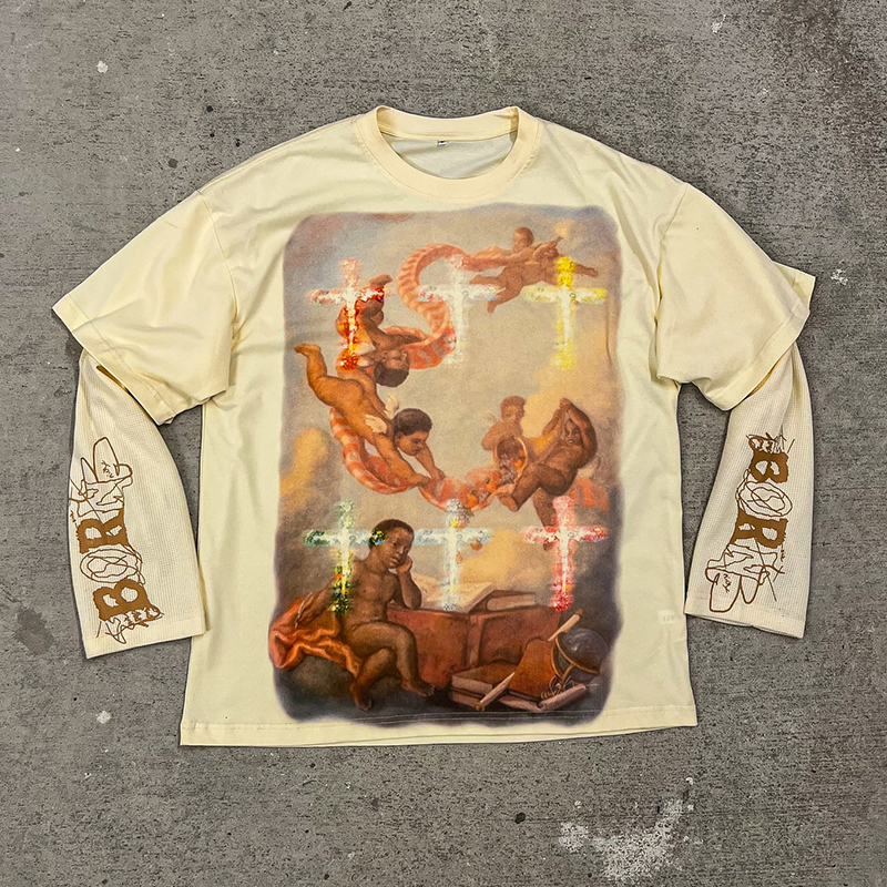 Luxury Clothing Manufacturers Custom Street Wear Double Layer Long Sleeve Cotton Oversize Loose Streetwear Unisex T Shirt T Shit