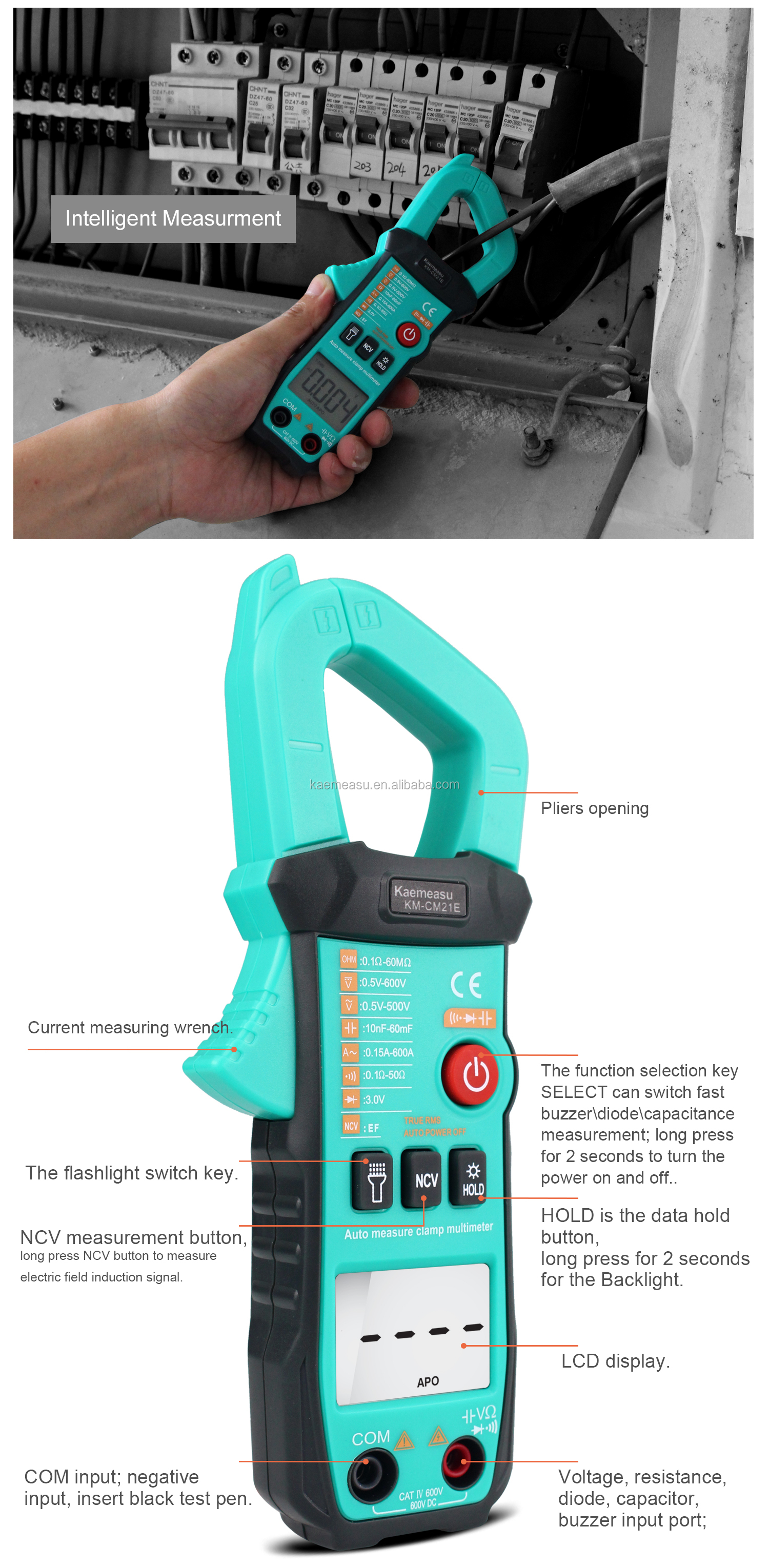 600A Current Measurement Trms Auto-range Voltage Ammeter Hz Ohm Ncv Tester Multimeter Ampere Meter Clamp Meter 21E