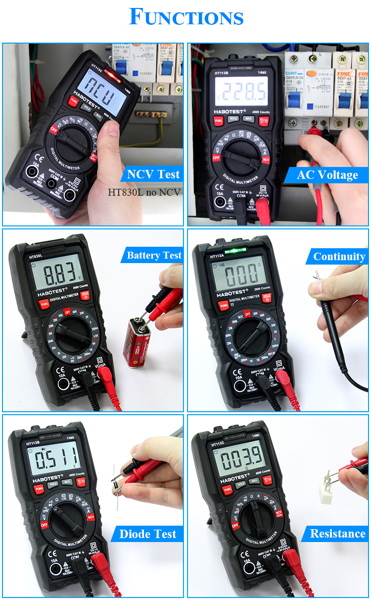 Habotest HT113A Handheld AC DC Digital Multimeter Professional Voltmeter LCD Display 2000 counts with CE