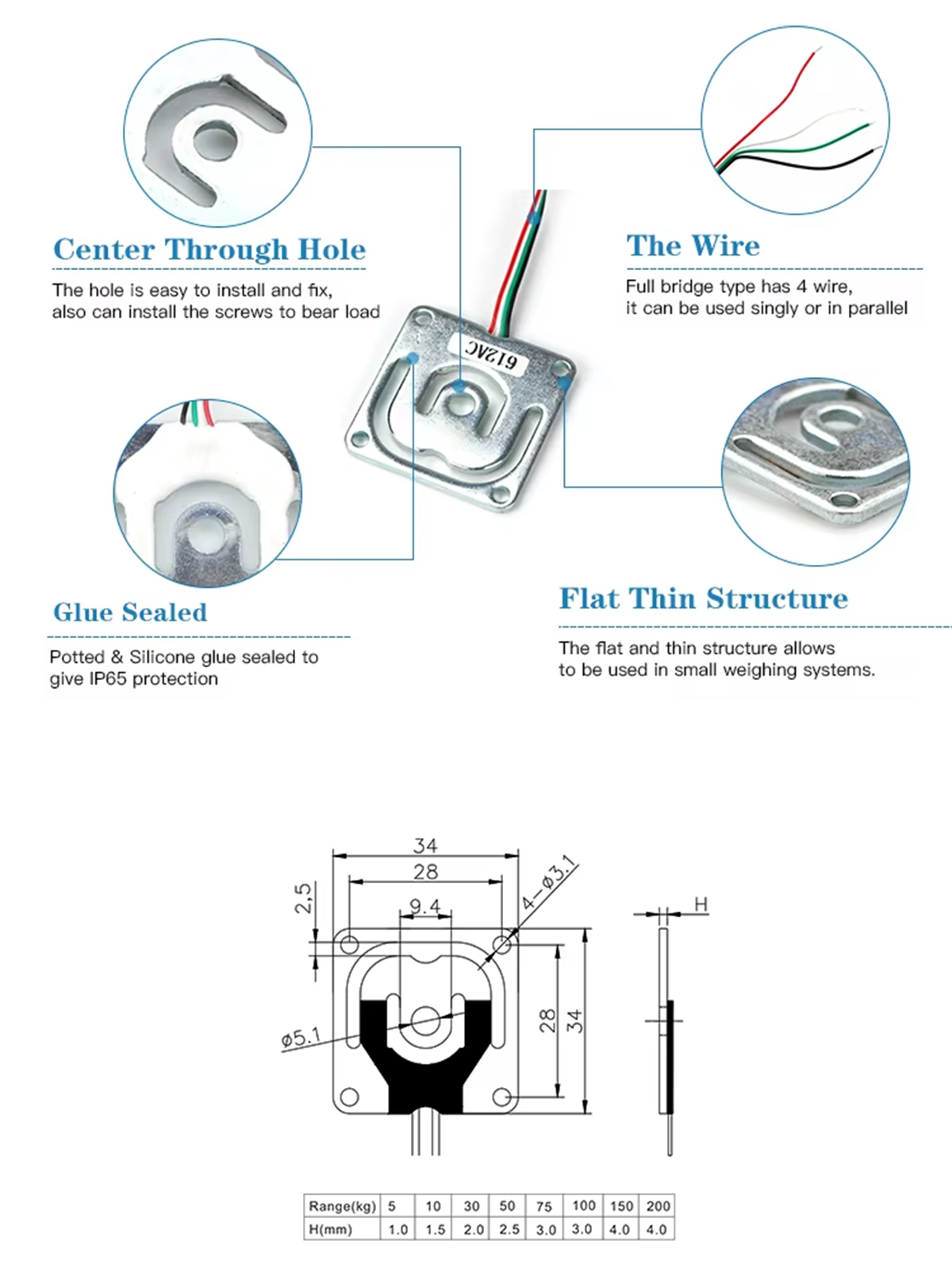 Full Bridge Micro Load Cell 50kg For Intelligent Household Adult Scale Baby Scale