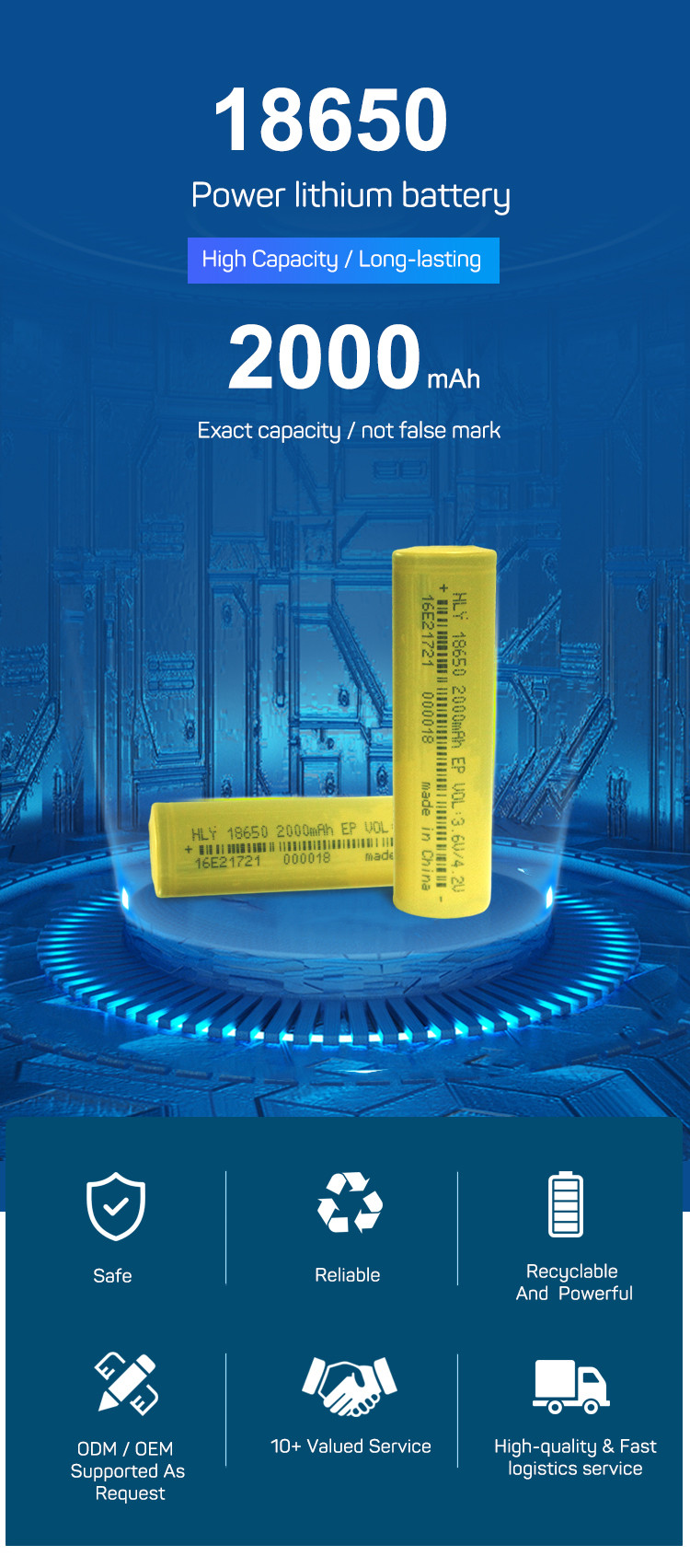 Cylindrical Lithium Ion 18650 Battery 3.6 v 2000mah rechargeable battery FCC