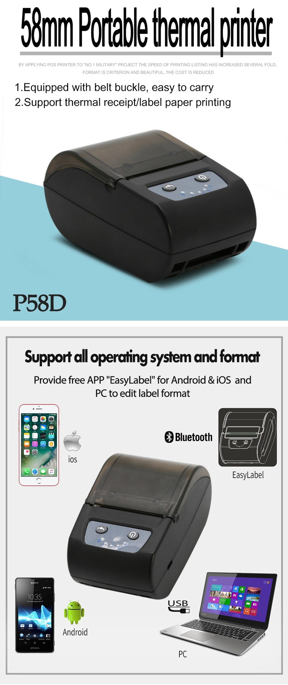 58mm Thermal barcode printer Qr code label printer receipt printer with bluetooth android ios