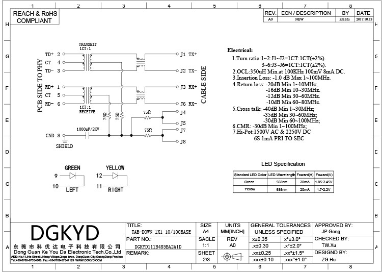 DGKYD111B485BA2A1D Fast Ethernet Connector Single Port 8P8C RJ45 Magnetic Jack Network Connector With LED