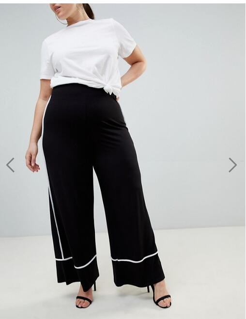 OEM black plus size wide leg pants,women's fashion pants with white piping