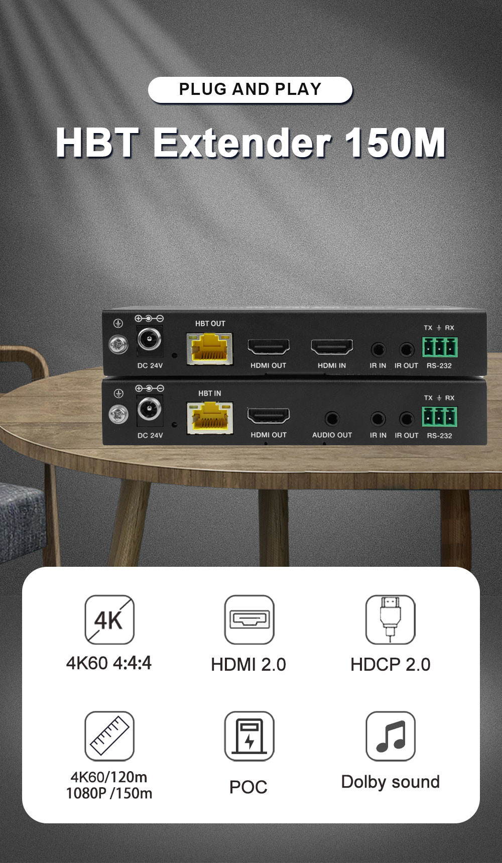 HDCP 2.2 / HDCP 1.4 HDMI Fiber Extender 150m Extend Audio Video Signals