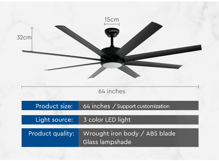 64" 8 ABS Blades Ceiling Fan with Remote Control LED Light Source and KC Certification
