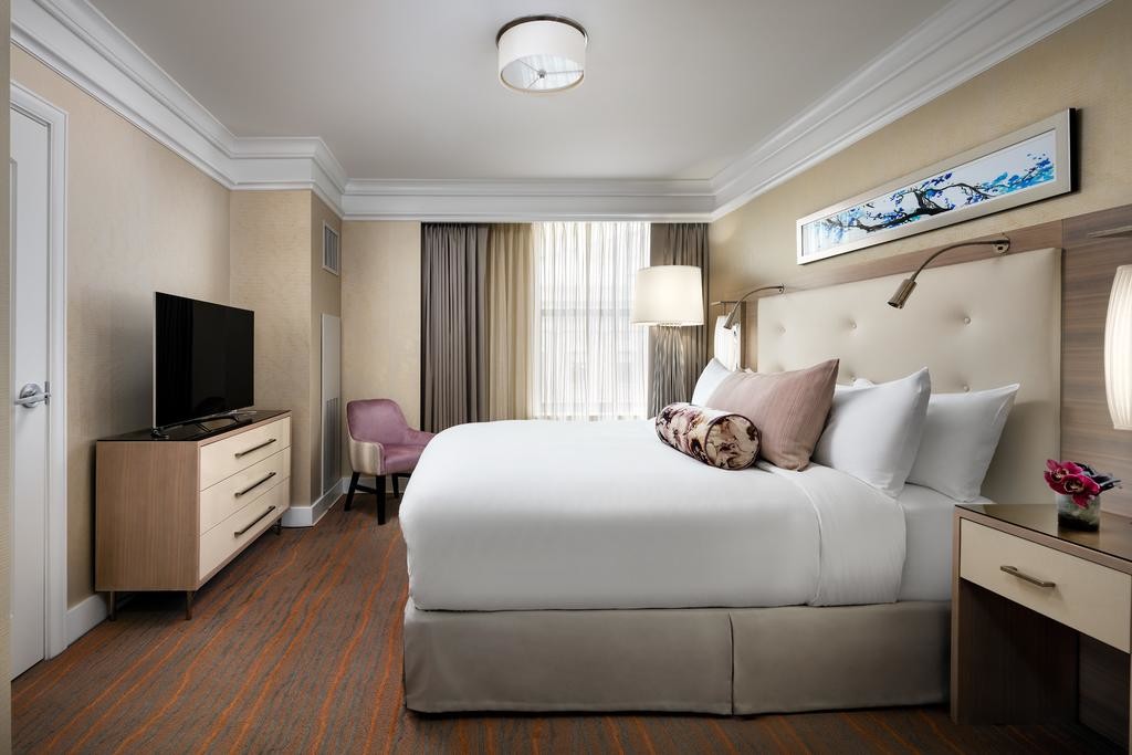 Hotel Standard Double Room Interior design of Furniture in Fabric upholstered headboard and Leather Bed with TV cabinet