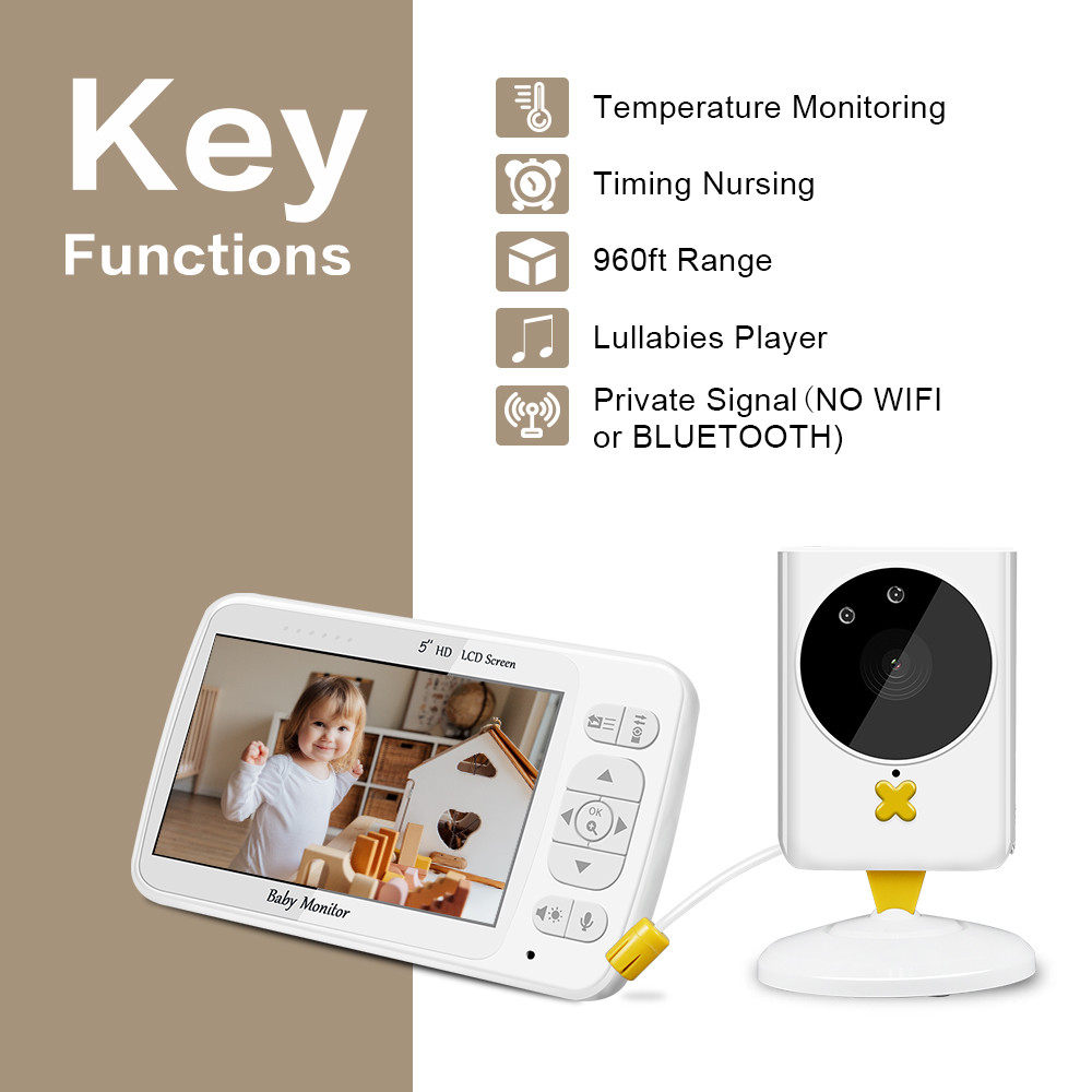HD 5inch Display Wireless Digital Baby Monitor Voice Control Two Way Video Monitor