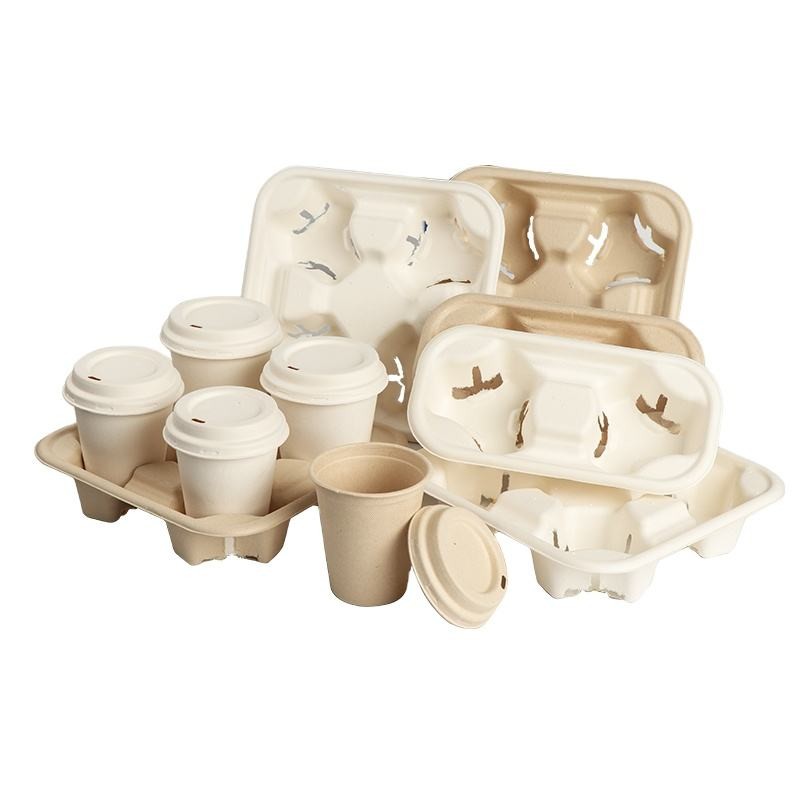 4 Cups Disposable Compostable Durable Drink Carrier for Hot or Cold Drinks To Go Coffee Cup Holder for Food Delivery Ser