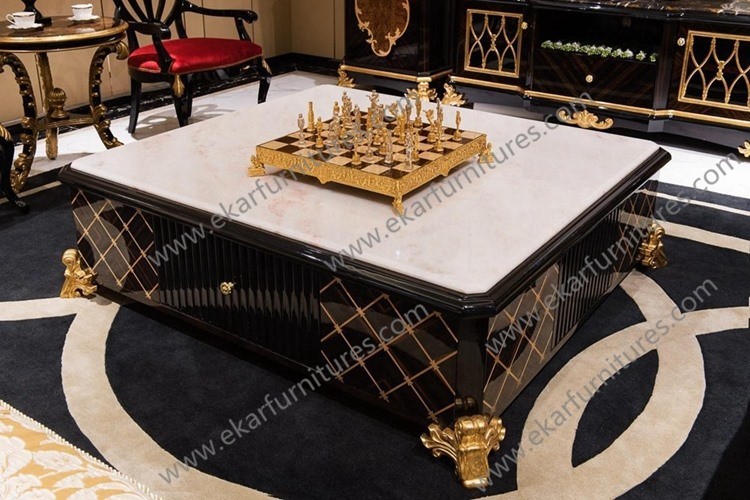 Luxury Royal Antique Gold Square Wooden Shenzhen hand carved Coffee Tables AT-301