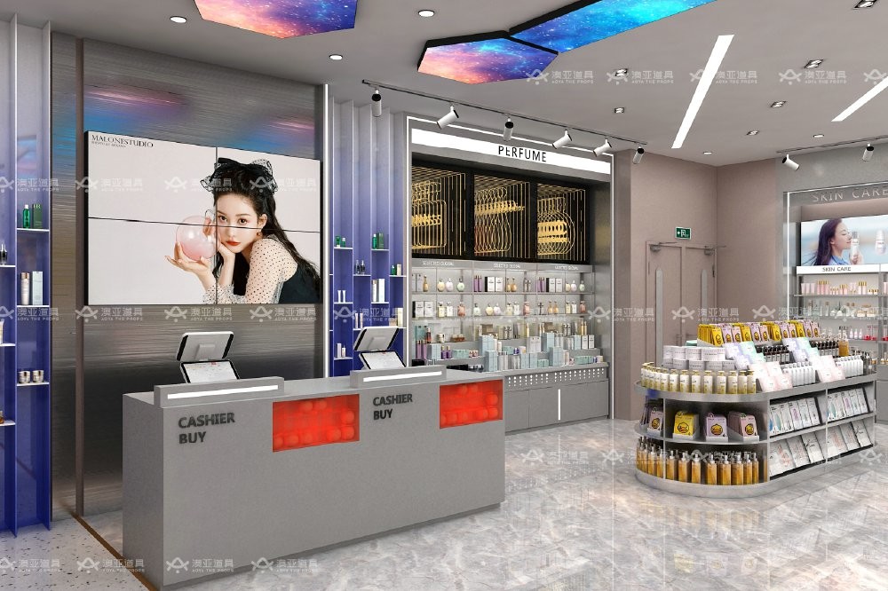 GDR04-CZ-B03 Beauty Display Rack with Soft LED Lighting and Mirrored Surfaces for Retail Counters