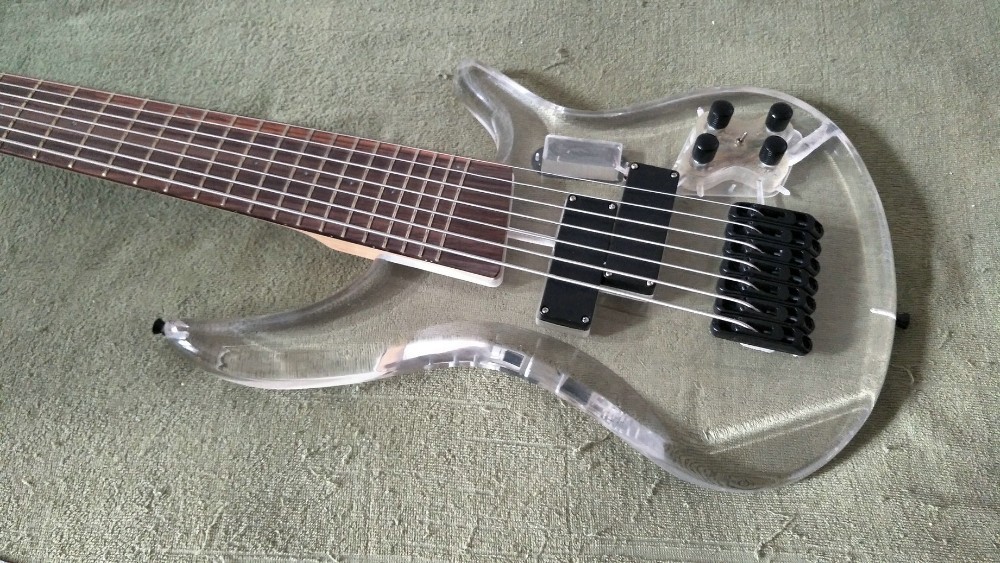 7 Strings Bass Guitar Limited Edition Clear Acrylic Body Rosewood fingerboard inlay Blue LED lamp Electric Bass Guitar