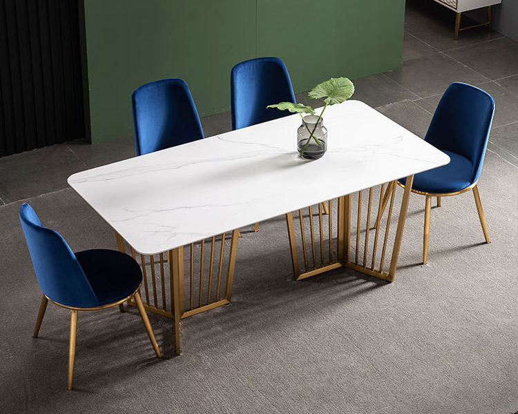 Marble Effect Luxury Dining Table And Chairs White With Stainless Steel Leg UK-KD006