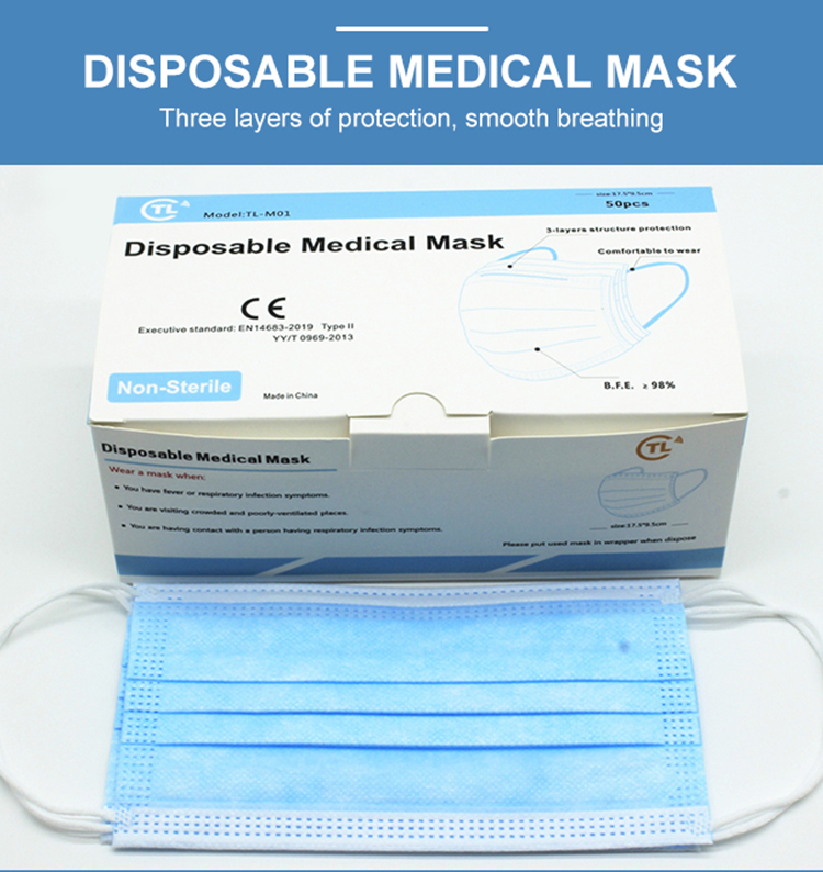 Nonwoven Meltblown 3 ply disposable medical surgical face mask China manufacturer