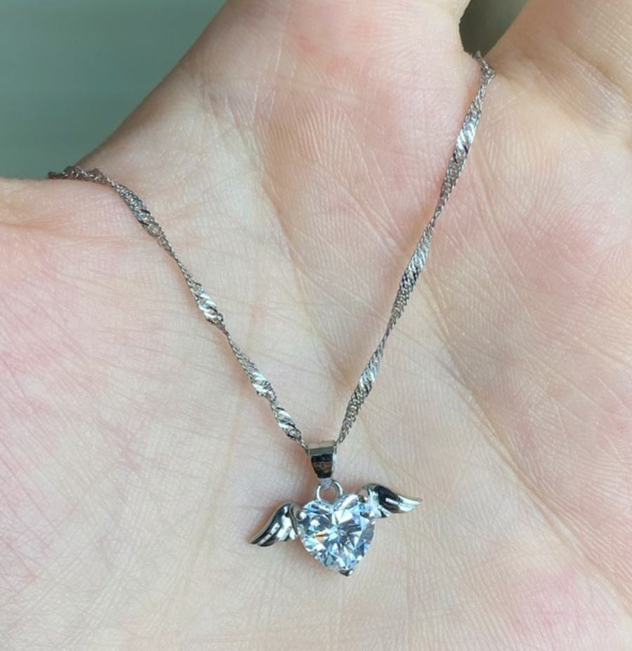 S925 Sterling Silver Love Wings Necklace Women Heart Zircon Collarbone Chain Jewelry
