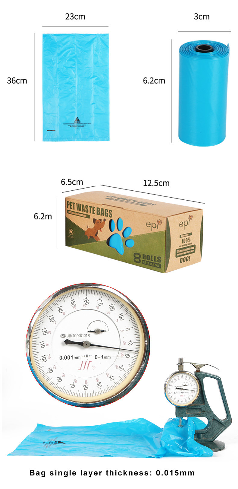 Biodegradable 20um Disposable Dog Poop Bags Environmentally Friendly