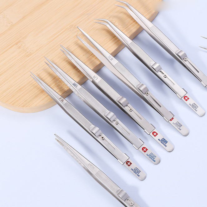 Stainless Steel Jewelry Tools Lockable Pointed Elbow Anti Slip Tweezers
