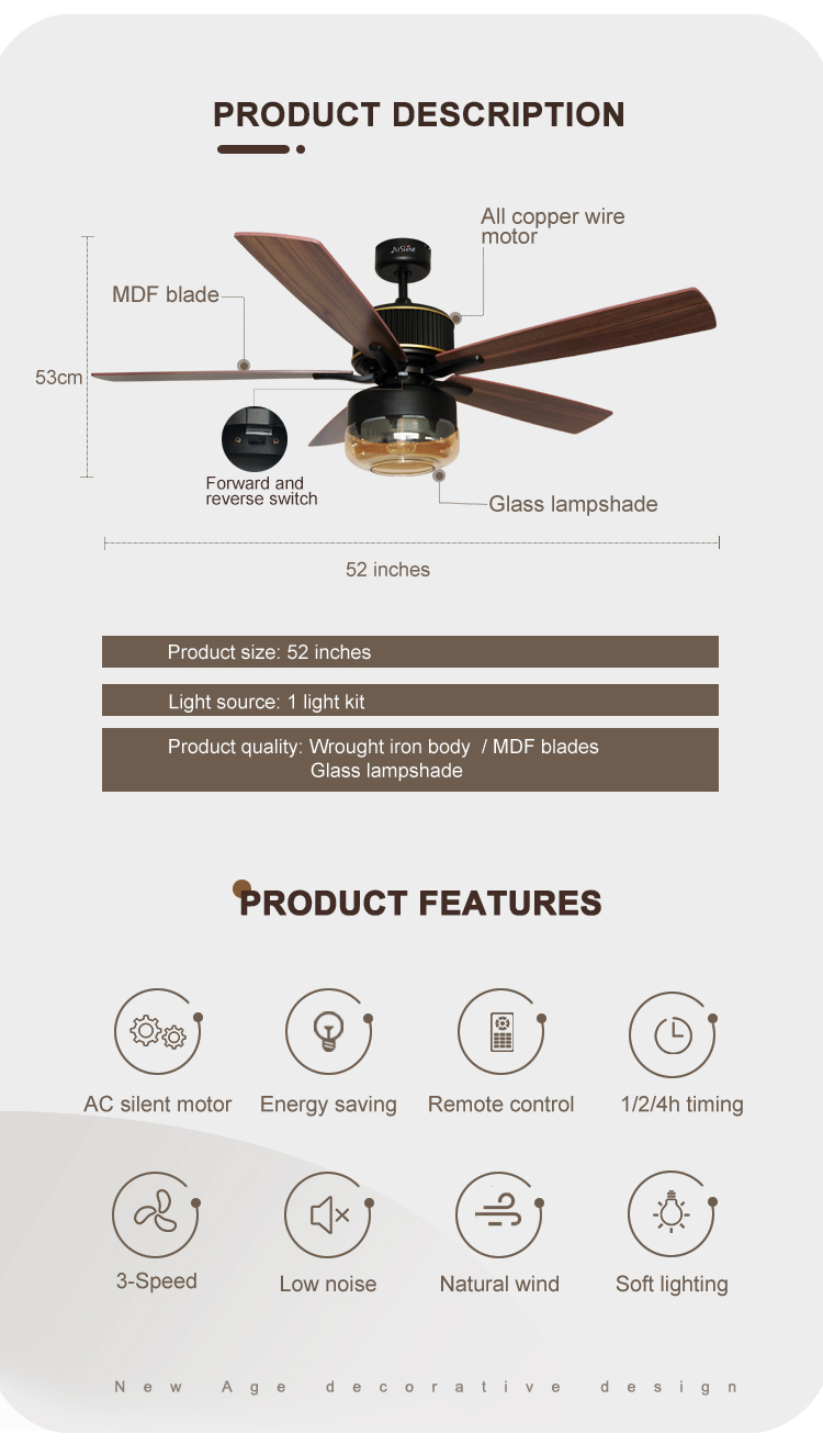 Traditional Design Style Ceiling Fan with Light and Remote Control/Wall Control/WIFI/APP