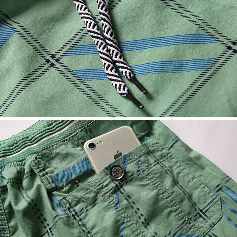 Summer Checked Five - Cent Pants Washed Cotton Shorts For Men