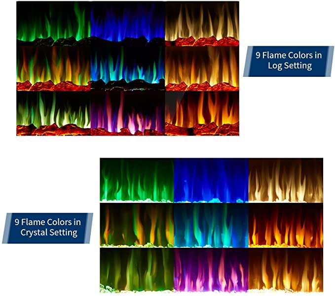 9 Flame Colors Artificial Flame Linear Recessed and Wall Mounted Electric Fireplace Heater