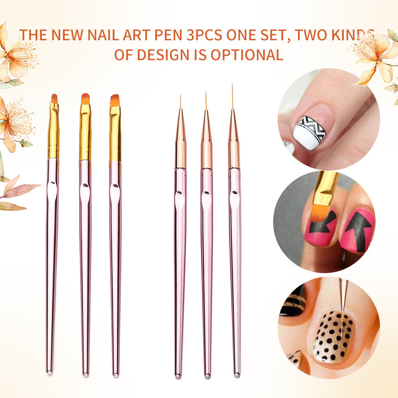 3pcs Metal Handle Nail Art Line Pen UV Gel Nail Brush Set Rose Gold Color