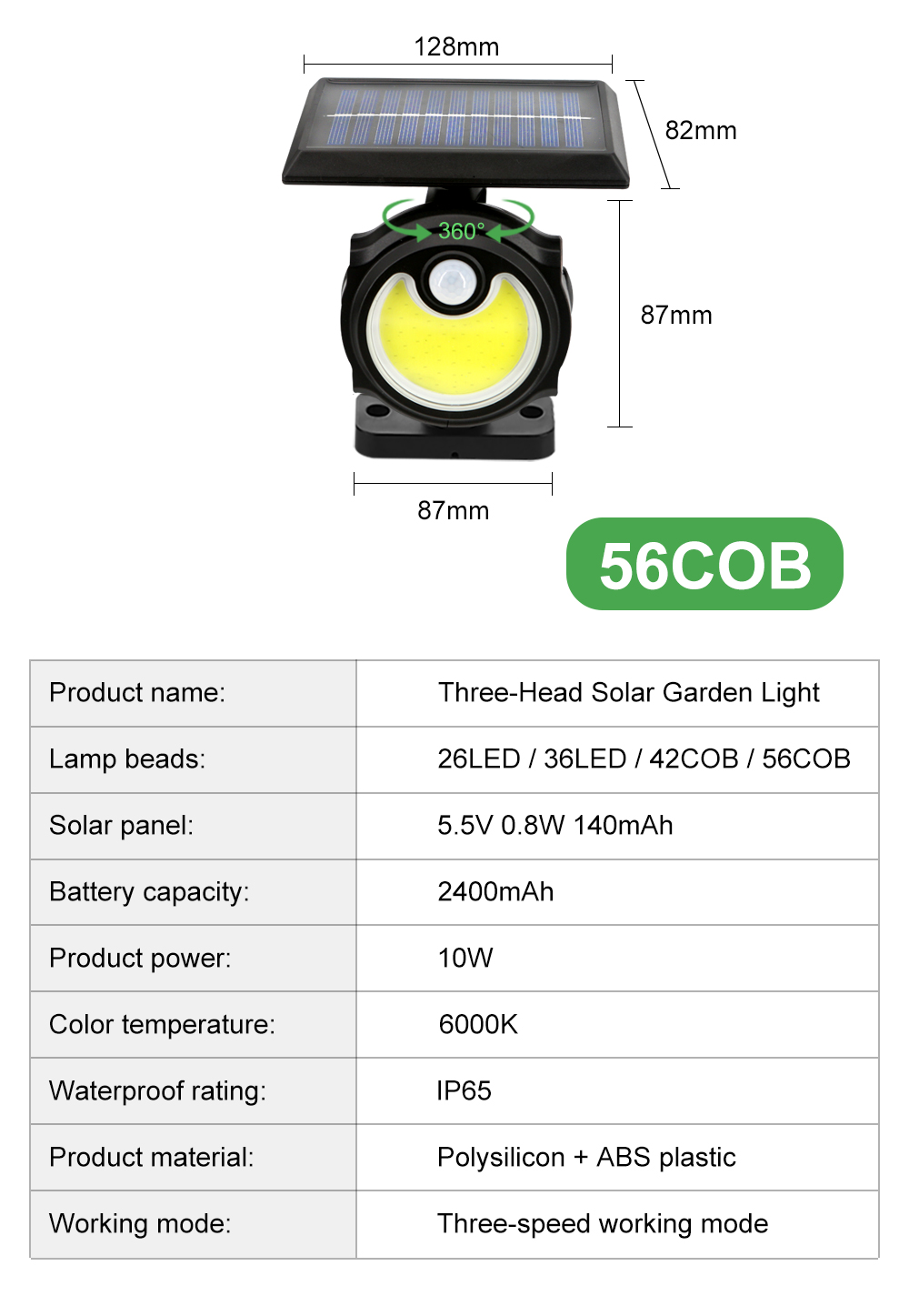 2400mAh 120LED USB Rechargeable Motion Sensor Light Three Head 140COB