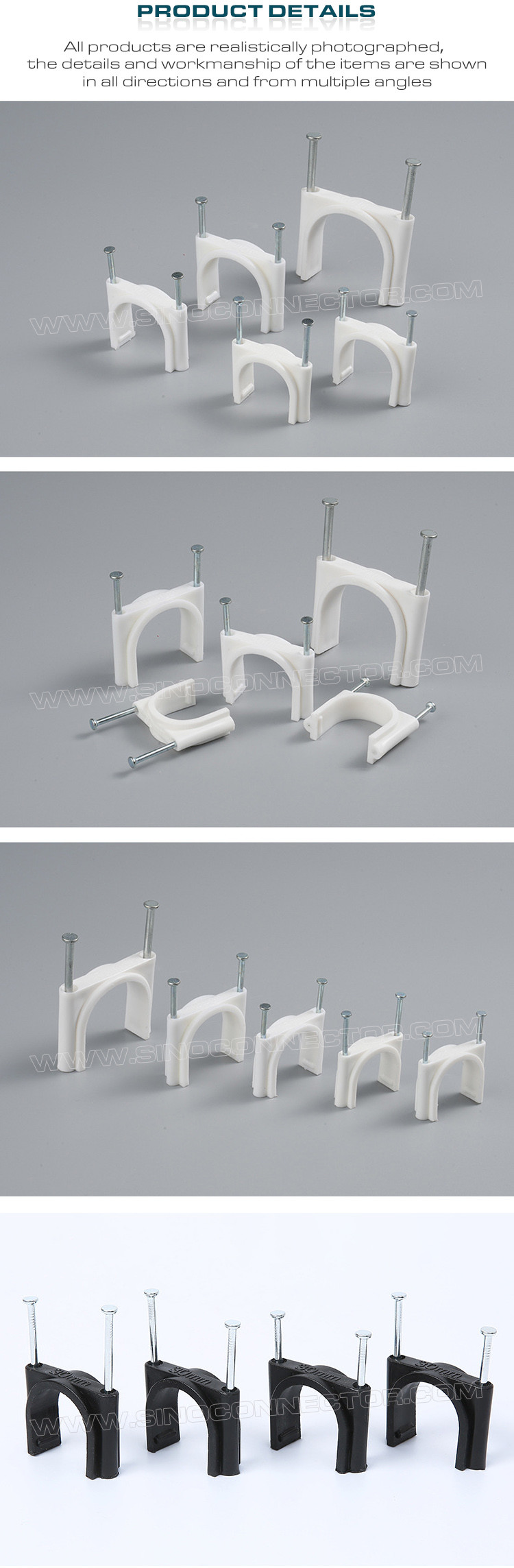 Double Nail Cable Clips (Double Nail Pipe Clips), Round Type, Two Steel Nails, Polyethylene, White/Black, 30mm~50mm, For Large Cables