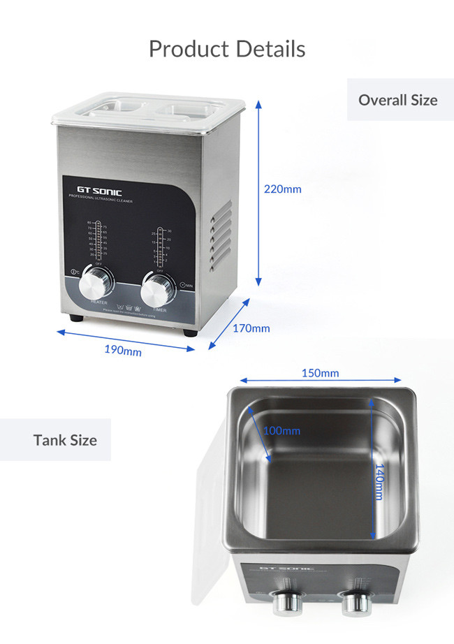Tabletop 40kHz Ultrasonic Bath Cleaner 2L 150x140x100mm Tank