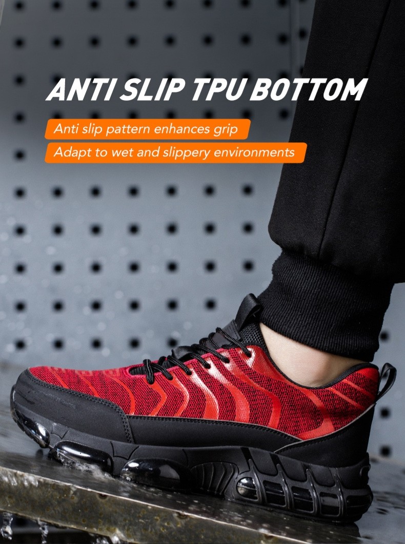 Flyknit Kevlar Air-cushioned Sole Safety Shoes For Industrial Workers In Orange Red Black