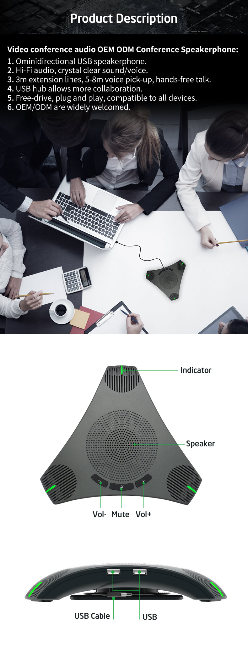 Free-drive Omni-directional Microphone USB Plug and Play Video Conference Microphone with Speaker for Team Work