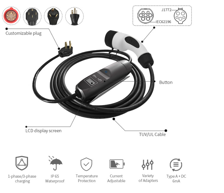 7kw Type 2 Portable EV Charger With 0.5mΩ Max Contact Impedance , Power Cable