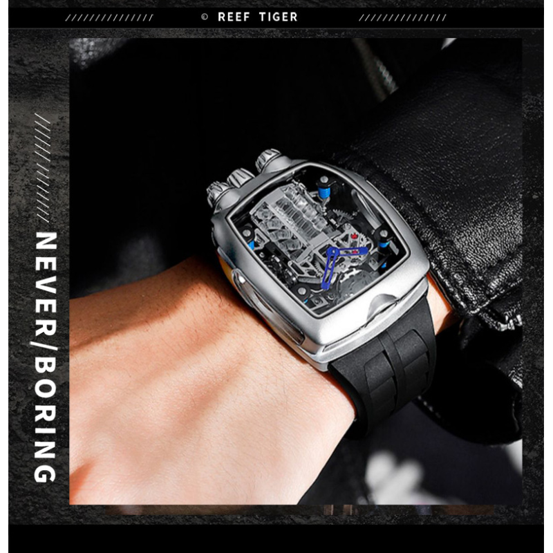 OBLVLO Bugatti‑Inspired V16 Engine Skeleton Automatic Watch, Men’s Tonneau‑Shaped Thick Mechanical Wrist Watch