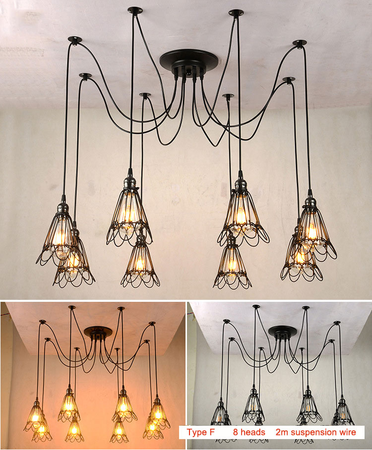 Retro Loft Industrial Chandelier Adjustable E27 Multi Head Lamps Restaurant metal lamp(WH-VP-225）