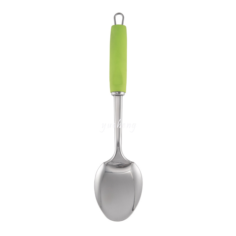 6pieces kitchen tools with Soft handle Green color handle with tray soup scoop Pasta Server Spoon Draining Spoon Slotted
