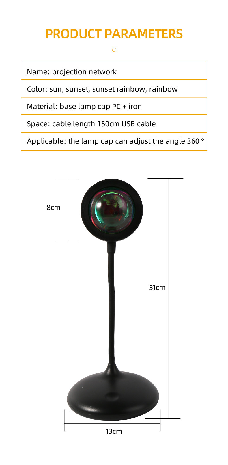 Sunset Projection LED Atmosphere Lamp Indoor 31cm Height With USB Cable