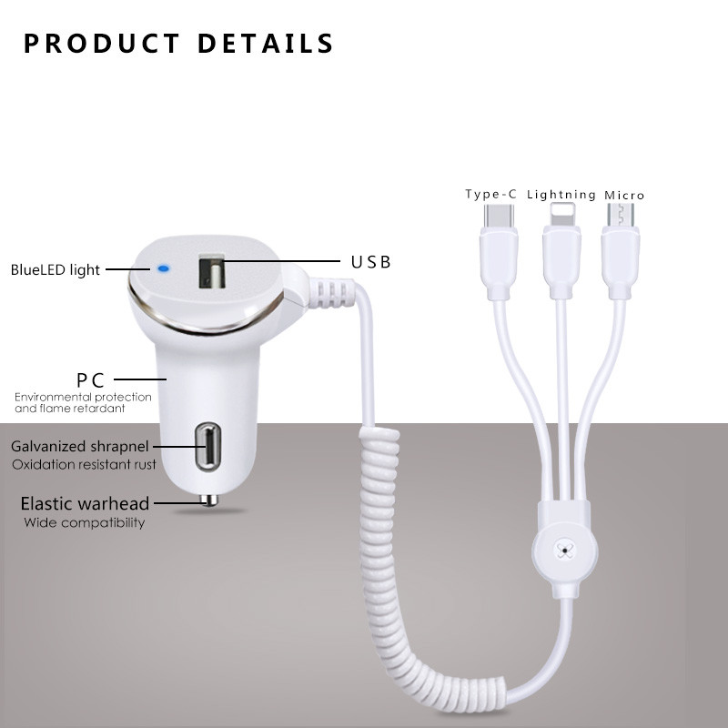 4 USB PORT CAR CHARGER USB+TYPE-C+LIGHTING PORT WITH SPRING CABLE