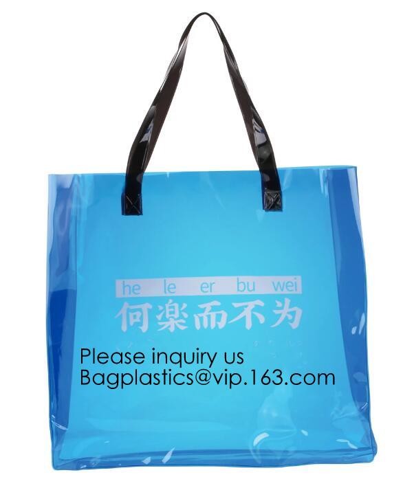 Waterproof All Over Printing PVC Coating Tote Shoulder Fabric Shopping Bag With Gusset And Lining,Jelly Clear Plastic PV