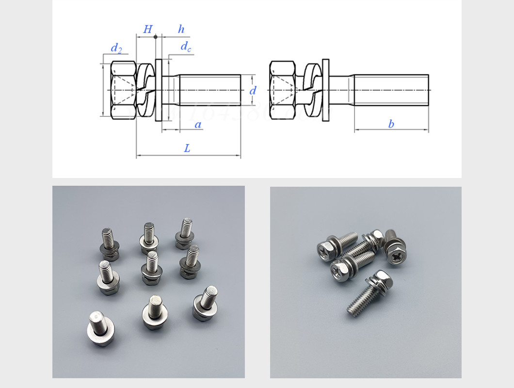Stainless Steel Cross Recessed Hex Bolt with Lock Washer and Plain Washer