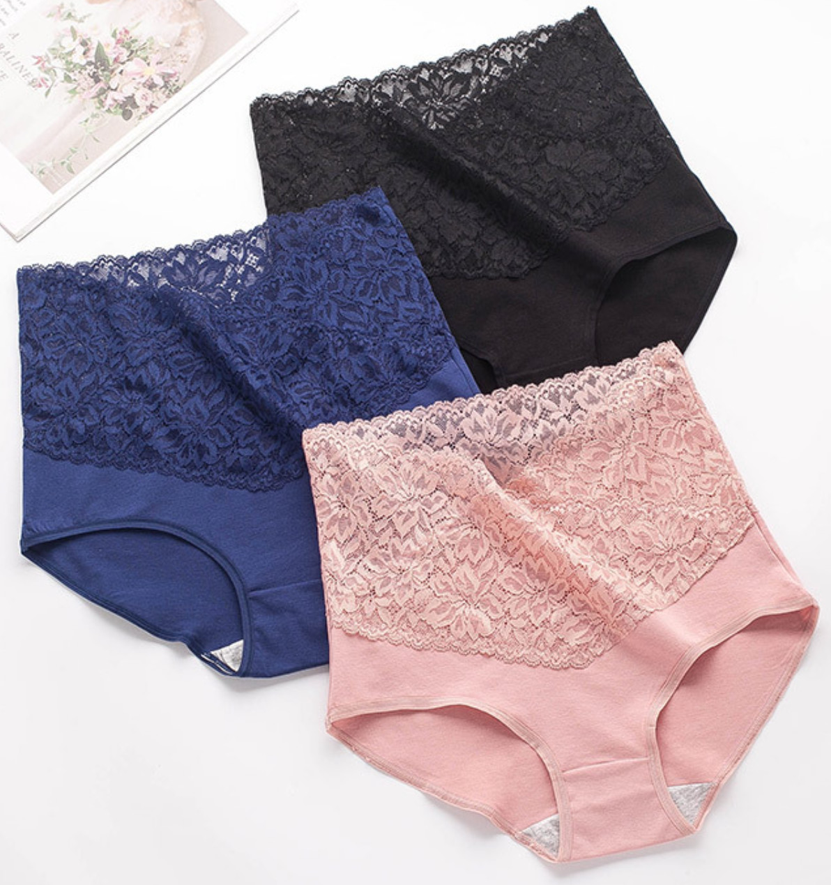 Sexy High Waist Womens Underwears Plus Size Lace Design Cotton Undies Shape-Shaping Panties