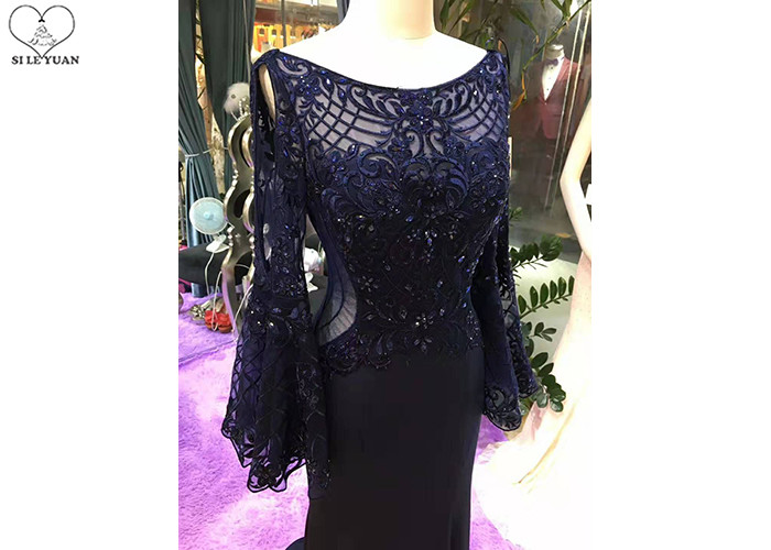Top Backless Navy Blue Mermaid Dress / Sweep Train Prom Dress Long Horn Sleeve